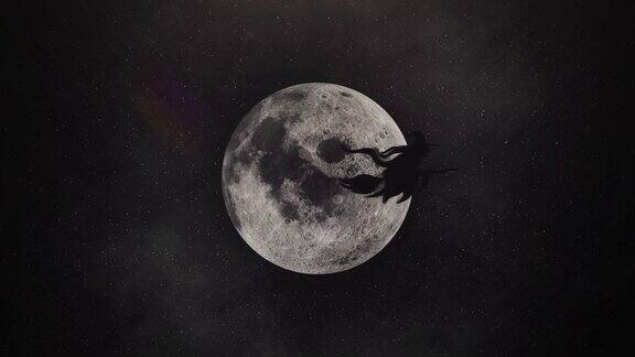 万圣节贺卡上的女巫骑着扫帚在月亮前飞翔