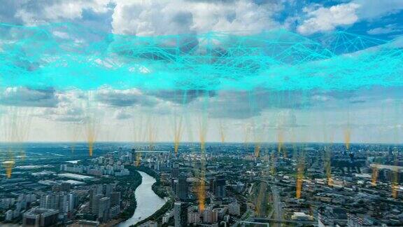 空中延时城市景观在夏季白天与未来电信元素智能城市概念莫斯科在夏季鸟瞰图