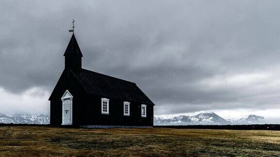 全高清时间流逝电影视频电影的黑色教堂的Budir冰岛冰岛Snaefellsnes半岛地区Budir著名的黑色教堂