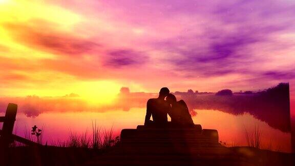 相爱的夫妇在日落的背景