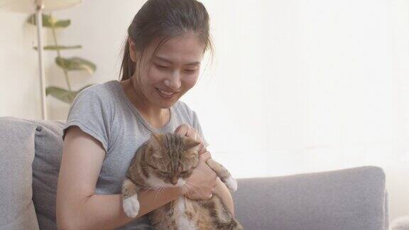 年轻的亚洲妇女拥抱和爱抚她的猫而坐在沙发上在家