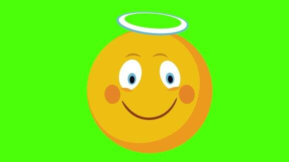 黄色圆形脸的3D动画与一个天使的光环微笑在绿色的背景