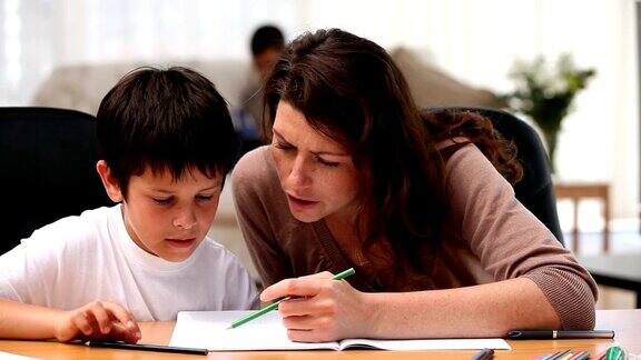 妈妈和她的儿子一起做作业