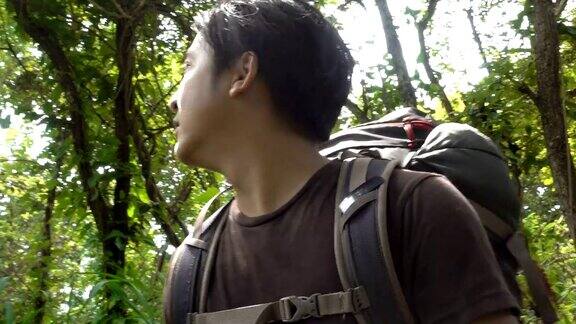 迷路的徒步旅行者背包环顾热带丛林森林旅行
