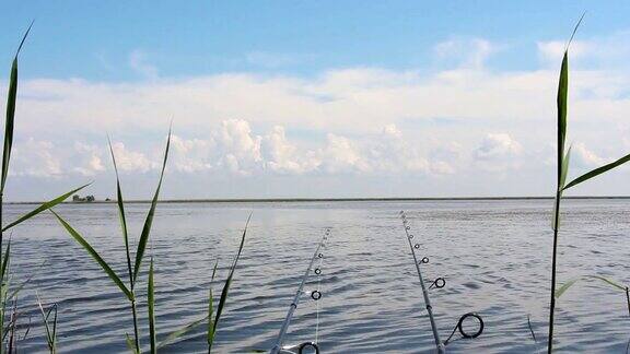 湖背景上的钓鱼竿