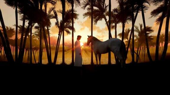阿拉伯人与马在沙漠绿洲与水池塘和棕榈树在日落