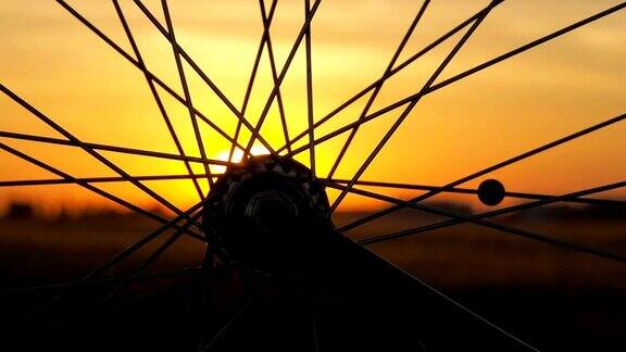 日落夕阳下的自行车转轮