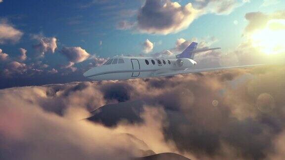 日落时塞斯纳飞机在云层上空飞行