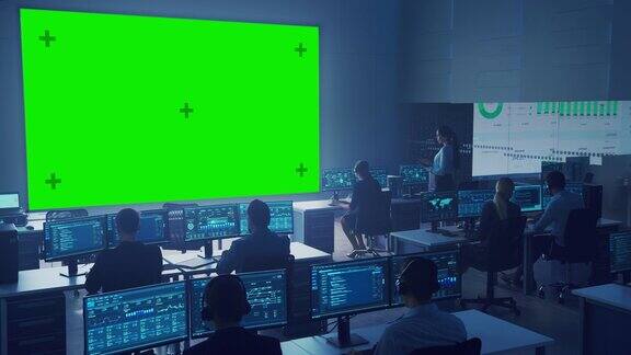 专业计算机数据科学工程师团队在控制和监控室的台式机上工作大显示器有一个绿色屏幕模拟其他显示图表图表和技术统计