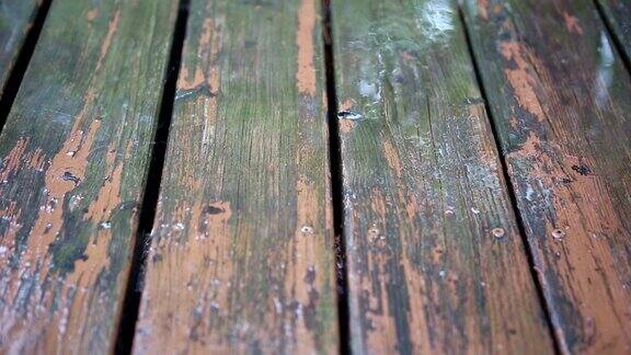 雨中旧木板的特写