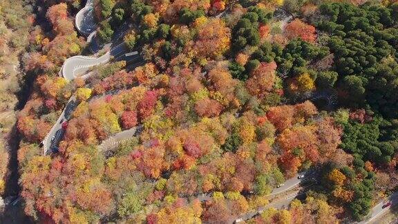 鸟瞰图与摄影车拍摄的第1Irohazaka蜿蜒的道路在秋天日光日本