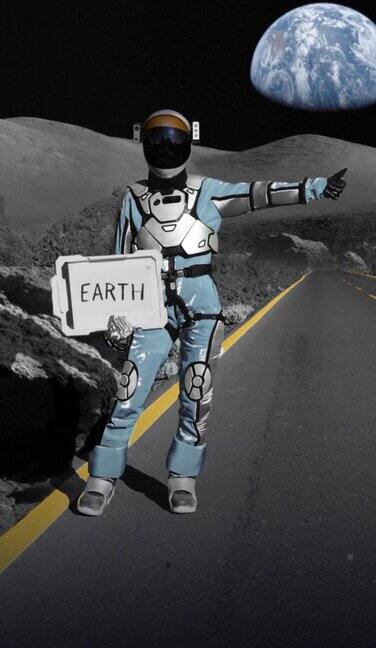 寻找返回地球之路的宇航员在月球上的山路上搭便车举行“地球”的迹象