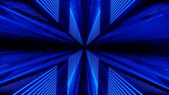蓝线发光4k无缝循环动画穿越霓虹图案的镜面隧道辉光线形成科幻图案霓虹灯反射明亮简洁明亮的背景科幻的结构