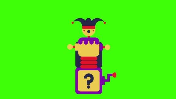 2D动画插图一个箱小丑玩具与一个问号在绿色屏幕上