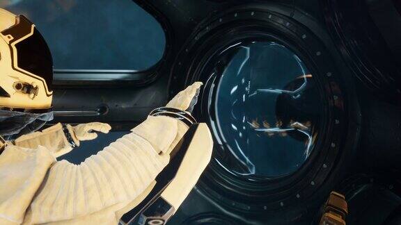 宇宙飞船里的宇航员正在通过舷窗观察一个未被探索过的外星星球动画是为幻想未来或太空旅行的背景