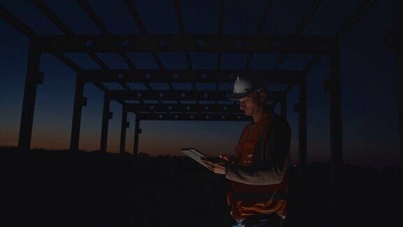 SLOMO建筑承包商黄昏时在工地上使用数码平板电脑