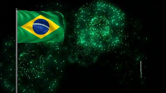 巴西国旗背景与旗杆和烟花巴西国旗挥舞动画伟大的巴西国庆节独立日新年和更多的巴西事件环旗