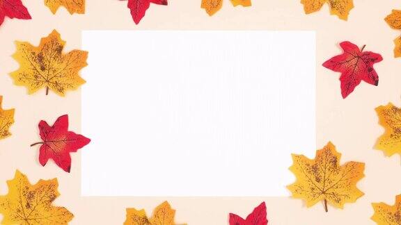 秋季定格动画移动树叶周围的白纸为文字停止运动