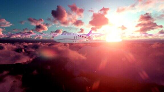 日落时云层上的塞斯纳飞机
