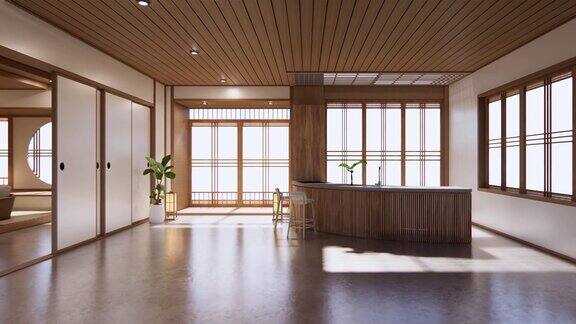 日本风格的房间设计宽敞自然色调明亮三维渲染