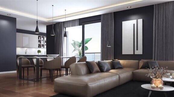 现代极简主义公寓内部客厅厨房和餐厅纹理到空白房间