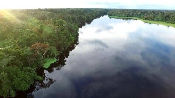 鸟瞰图的秘鲁亚马逊雨林和内陆湖泊