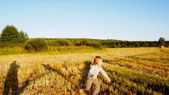 快乐的孩子在草地上玩飞机