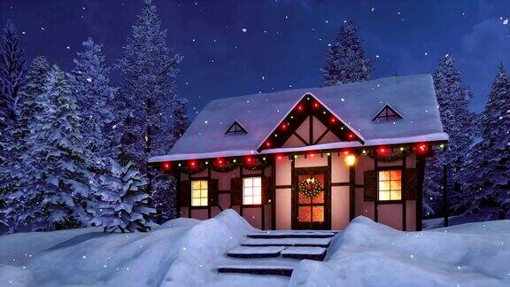 在雪夜为圣诞节装饰的乡村房屋