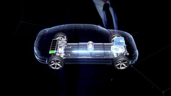 商人触摸电子离子电池回声车充电汽车电池电池电量检查未来车侧视图
