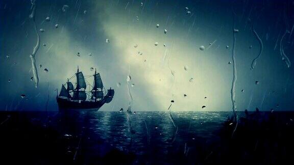 克里斯托弗·哥伦布圣玛丽亚号帆船在雨中停靠在海岸附近