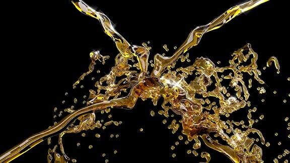金色的气泡旋转三维逼真的镜头闪烁的黄色旋转和漂浮滴孤立在黑色背景扭曲的粒子闪光飞溅旋转动态抽象视频