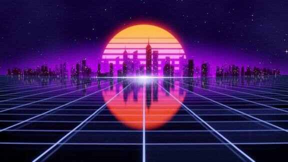 复古未来的80年代风格的循环动画与夜晚的城市背景Synthwave无缝循环赛博朋克城市景观的音乐视频