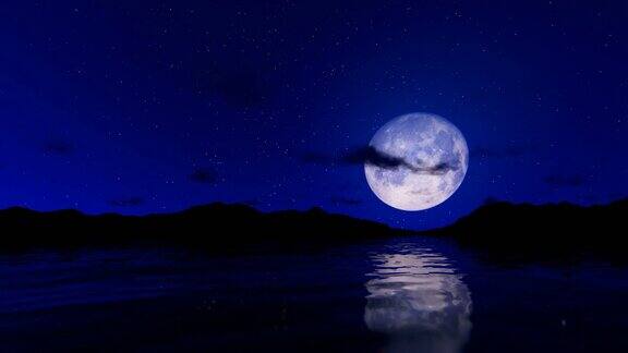 浪漫的场景满月倒映水面星空和流云4K