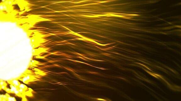 金色能量粒子波抽象背景在黑色背景的空间中未来闪闪发光