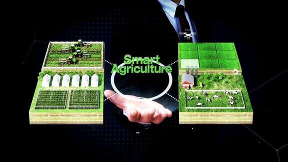 商人打开手掌‘智能农业’技术智能农场传感器连接乙烯房温室连接物联网