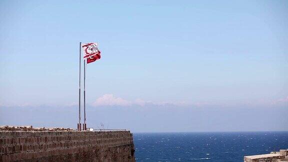 北塞浦路斯北塞浦路斯共和国的国旗映衬着蓝天和大海
