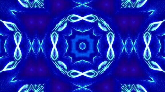 微世界曼陀罗或装饰性霓虹抽象背景复杂的对称蓝色组成与发光粒子形成波浪形结构就像在万花筒4k3d循环平滑动画17