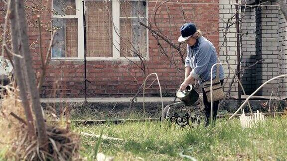 老妇人在花园的后院用花盆浇水