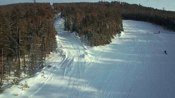 鸟瞰图:滑雪者从斜坡上下来