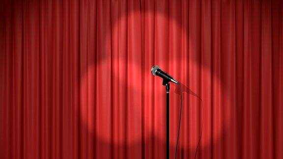 美丽的红色窗帘与聚光灯和一个麦克风在舞台上