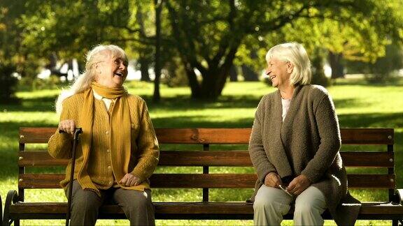 两位上了年纪的女士有说有笑坐在公园的长椅上是老朋友