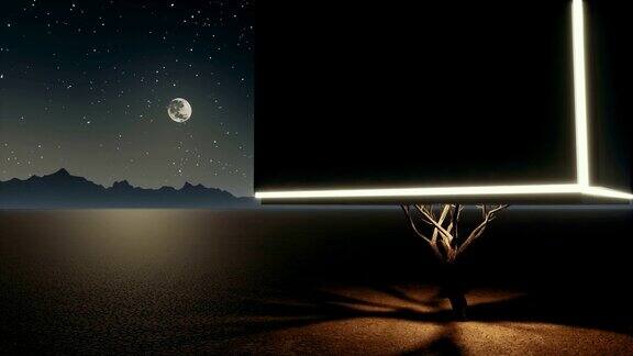 世界末日般的沙漠夜晚一棵超现实的孤独的立方体树