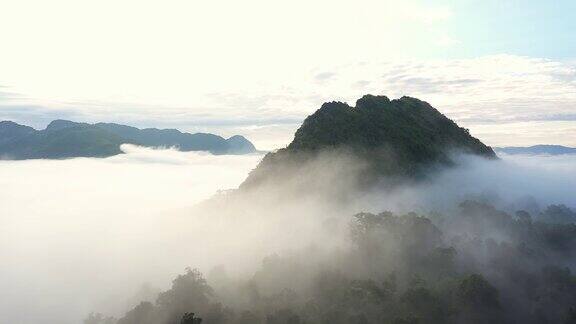 鸟瞰热带山脉和雨林景观在清晨的薄雾
