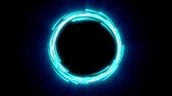 发光的蓝色圆形粒子流快速能量飞波线与闪光灯动画魔术漩涡轨迹路径上的黑色背景可循环的数字3d动画