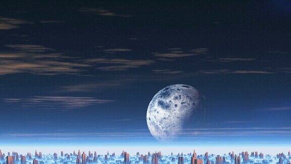外星城市上空的巨大月亮