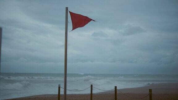 红旗在强风中飘扬的特写在这海滩游泳很危险背景上的棕榈树
