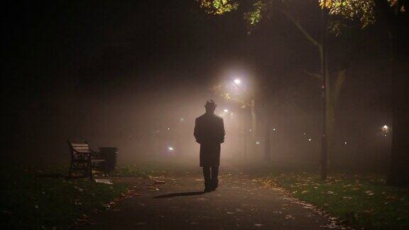 公园里的人在雾中行走