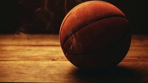 木桌子上的篮球冒着烟雾