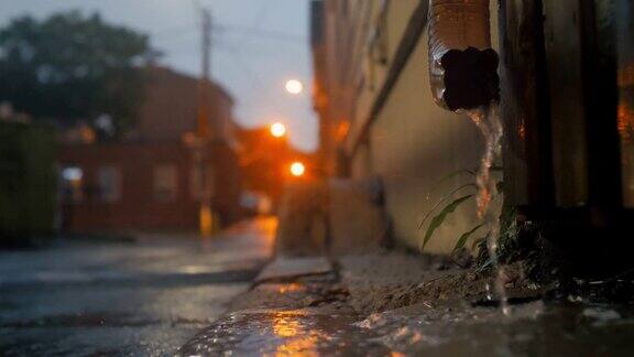 一场暴风雨中小巷的电影建立镜头
