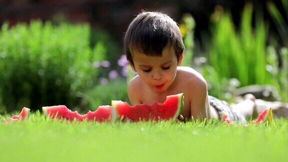 男孩夏天在花园里吃西瓜